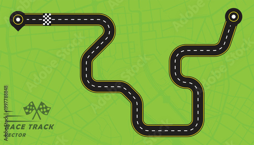 Creative vector illusion of race track or road symbol isolated on green background.