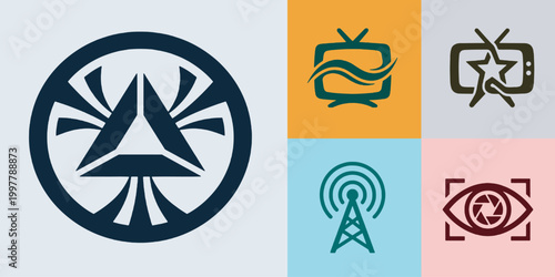 Collection of abstract geometric logos and media-related icons, including television, antenna, and eye symbols.