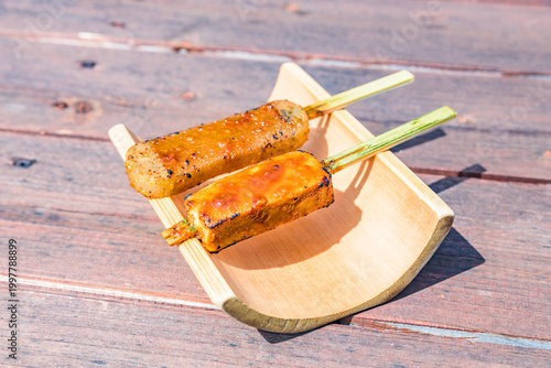Miso Dengaku, Grilled Tofu and Konjac with Miso Glaze, traditional Japanese cuisine