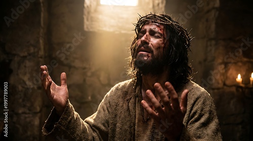 Jesus Christ with crown of thorns raised hands in prayer and supplication within stone cave structure light rays shining down upon face and outstretched palms.