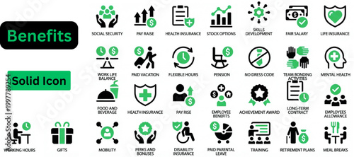 Solid vector of Benefits icon set. Benefits solid icon set. Containing icon savings, commission, mental health and more. Benefit element vector illustration