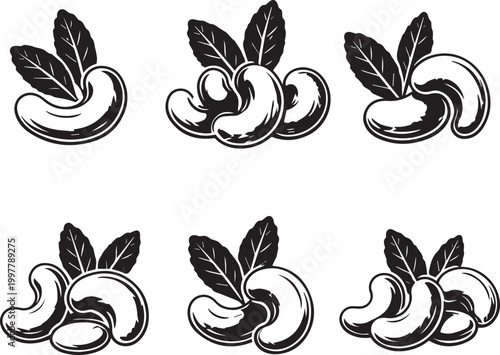 Photos Cashew Silhouette Set – Healthy Nut Icons Collection, Whole and Curved Cashew Bl