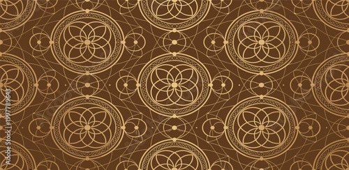 Elegant seamless pattern featuring intricate golden geometric designs, overlapping circles, and ornate abstract floral motifs on a rich brown background, ideal for decorative projects