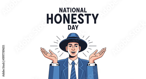 Illustrated vector art in observance of National Honesty Day showcasing a man wearing a blue suit and hat with his hands raised, conveying ethical behavior on a clean white background