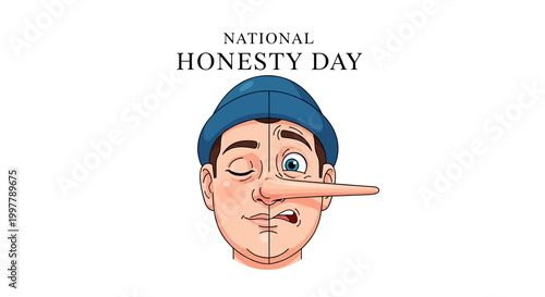 A cartoon illustration celebrating National Honesty Day features a man with an exaggeratedly long nose, symbolizing truthfulness and ethical behavior on a clean white background