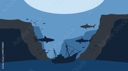 Mysterious Deep Sea Abyss with Sunken Ship and Circling Sharks, an Eerie Underwater Exploration Scene