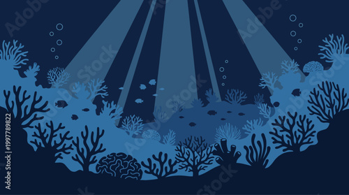 Enchanting underwater scene with serene coral reefs and marine life beneath captivating light beams