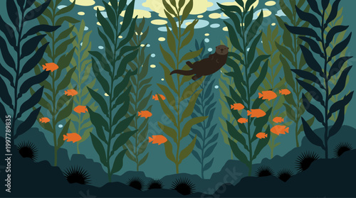 Graceful sea otter swims through a vibrant kelp forest, accompanied by schools of small orange fish