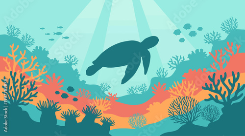 Majestic sea turtle gracefully glides through vibrant coral reefs in a serene underwater ecosystem illustration