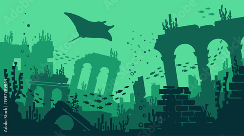 Submerged ancient civilization ruins beneath the ocean's surface, a mysterious underwater world teeming with sea life