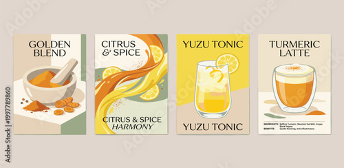 Vibrant and Refreshing Drink Posters Featuring Golden Blend, Citrus & Spice, Yuzu Tonic, and Turmeric Latte with Fruit Accents