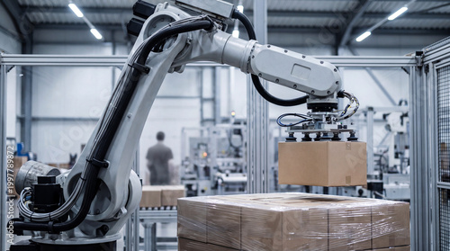 Robotic arm packaging boxes in automated manufacturing factory for industrial automation and logistics