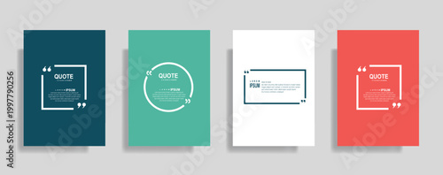 Collection of blank quote frame templates. Text in brackets, empty quote speech bubble, quotation. Text box isolated on color background. Vector illustration