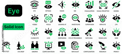 Solid vector of Eye icon set. Eye icon set. Containing eyes, see, visible, surveillance, view, vision, witness, looking at, supervision and focus icons. Solid icon collection. Vector illustration.