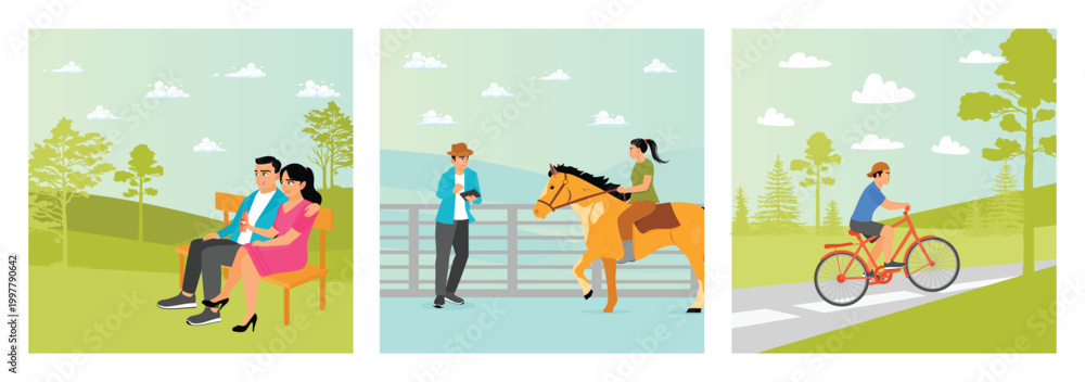 Fototapeta premium Happy weekend concept. Horseback riding. Cycling track.