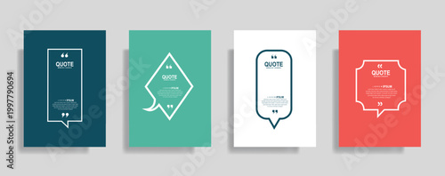 Collection of blank quote frame templates. Text in brackets, empty quote speech bubble, quotation. Text box isolated on color background. Vector illustration