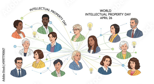 On a clean white backdrop, a vector illustration celebrates World Intellectual Property Day, connecting diverse faces to symbols of patent innovation and creative ownership, promoting