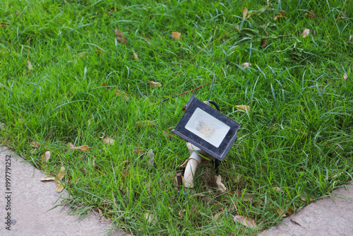 Small garden light fixture installed on lawn illuminating pathway at ground level