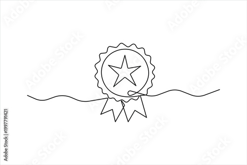 Achievement badge. Continuous one line drawing of award badge isolated vector illustration. Approval check sign certificate contour line art design