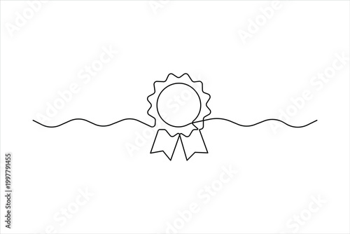 Achievement badge. Continuous one line drawing of award badge isolated vector illustration. Approval check sign certificate contour line art design