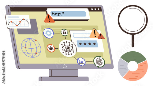 Cybersecurity, online safety, internet threats, web analysis, data protection, fraud detection. Monitor showing warning symbols and security icons. Cybersecurity and online safety concepts