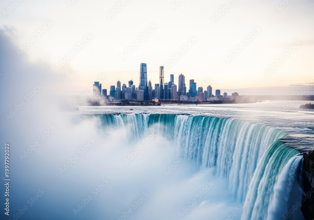 Fototapeta premium Colossal waterfall cascades from clouds over a vast urban metropolis, dwarfing skyscrapers with immense power, mist, and surreal scale, reflection, water, skyline