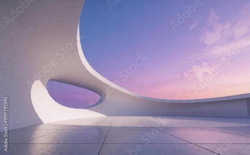 This minimalist 3D render features a smooth curved concrete architectural space overlooking a pastel dusk sky, with soft sunlight casting gentle shadows across the tiled floor.