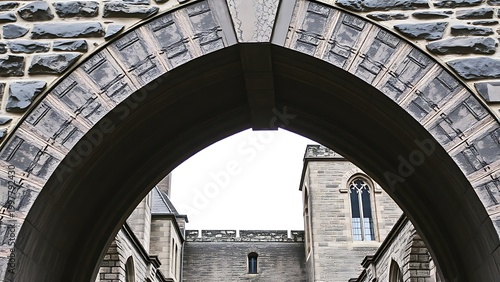The central keystone of a stone arch bridge, detailed stone texture.