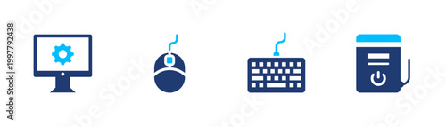 Computer peripherals icon set. mouse, keyboard, monitor, hardware, device. solid style icon collection.