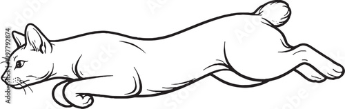 Fotografie Japanese Bobtail Cat Mid Air Leap Line Art Illustration Isolated Black And White