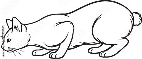 Obraz na płótnie Japanese Bobtail Cat Pouncing Crouch Line Art Illustration Isolated Black And Wh