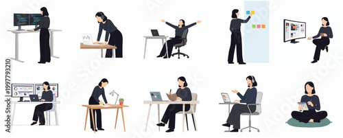 Diverse Office Scenes Featuring a Female Professional Engaging in Various Workplace Activities and Tasks