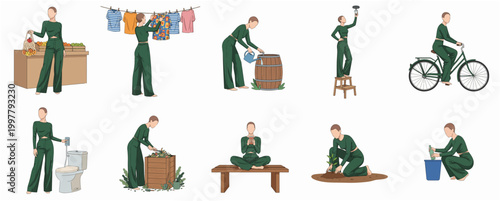 Minimalist Flat Design People Performing Various Daily Chores and Activities Collection