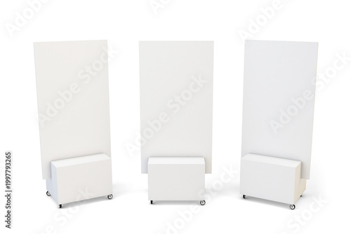 3D Illustration of three blank mobile display stands with wheels, isolated on white