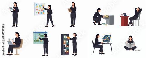 Modern Businesswoman Performing Various Tasks and Activities in an Office Environment Flat Illustration Collection