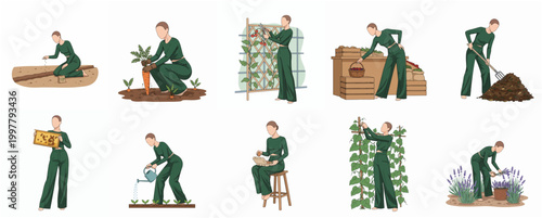 Charming Flat Illustration of a Gardener Performing Various Horticulture Activities in a Sequence