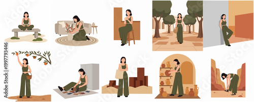 Flat Minimalist Lifestyle Scenes Featuring a Young Woman Engaging in Various Daily Activities