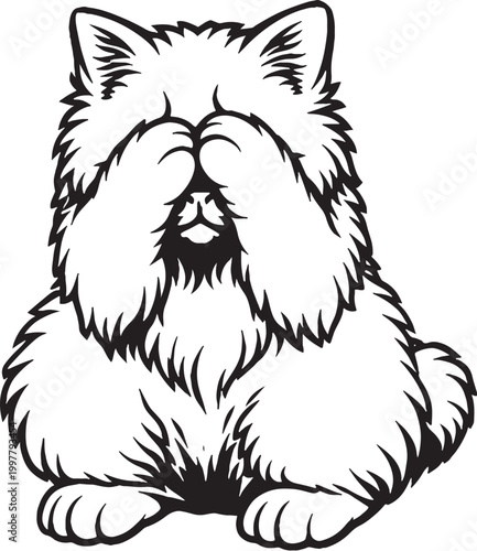 Cymric cat hiding face shy playful pose fluffy tailless cat black and white line art illustration