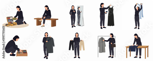 Collection of Flat Style Illustrations Depicting a Woman Engaged in Various Clothing Related Activities and Shopping Scenarios