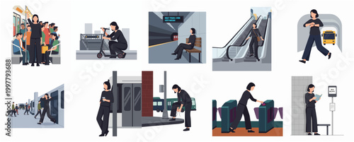 Public Transportation Scene Collection With Diverse People Engaging In Daily Commute Activities