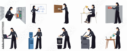 Modern Business Woman Performing Various Office Tasks and Daily Activities in Flat Style