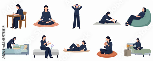 Diverse Flat Design Lifestyle Scenes of a Woman Performing Daily Activities and Self Care Routines