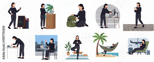 Flat Style Woman Doing Various Activities like Working, Relaxing, and Exercising with Accessories