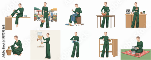 Minimalist Flat Design Collection of a Woman in Green Pajamas Engaging in Various Daily Activities