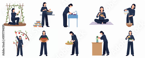 Flat Design Modern Person Engaged in Various Healthy Lifestyle Activities and Home Chores