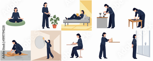 Collection of Daily Life Activities of a Person Illustrating Various Daily Routine Actions and Leisure