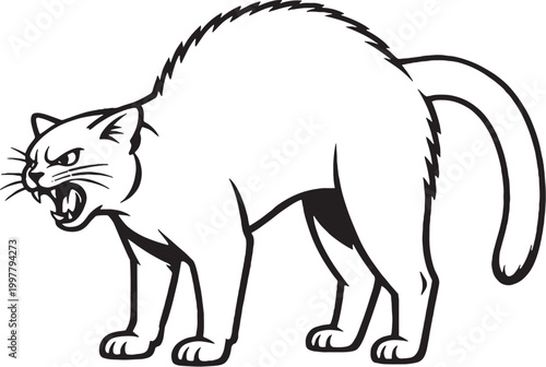 Bombay cat arching back hiss line art black and white vector isolated defensive cat behavior illustration