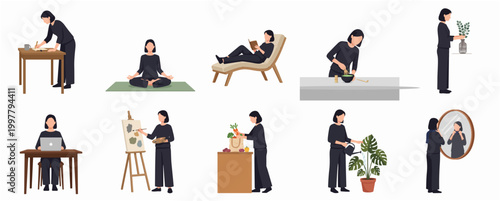 Minimalist Flat Design Collection of Woman Engaged in Daily Life Activities Icon Set