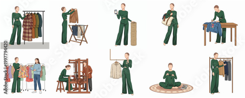 Various Human Activities Representing Clothing Care and Preparation Lifestyle Scene Illustration