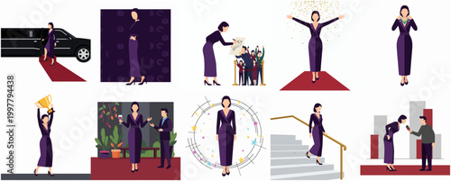 Elegant Woman Celebrating Success Arriving on Red Carpet with Limousine and Award Scene Collection